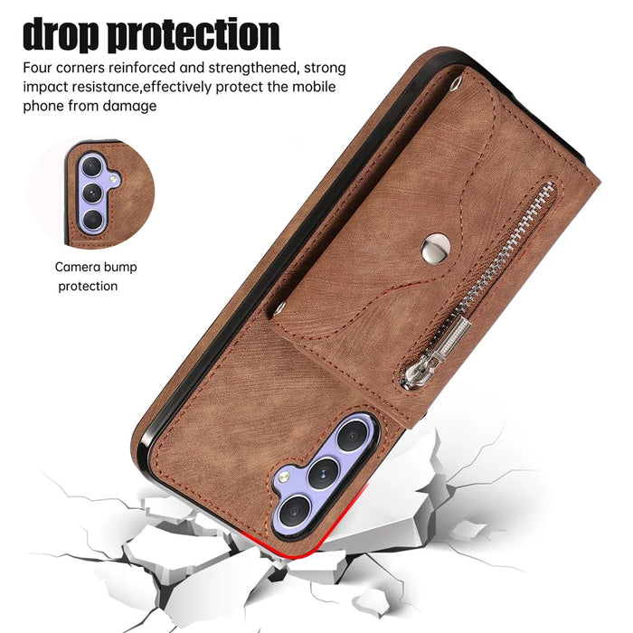 Smartphone Case for Samsung Galaxy A13 5G PU Leather+TPU Kickstand Shell with RFID Blocking Card Bag - Brown - 4