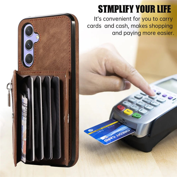 Smartphone Case for Samsung Galaxy A13 5G PU Leather+TPU Kickstand Shell with RFID Blocking Card Bag - Brown - 5