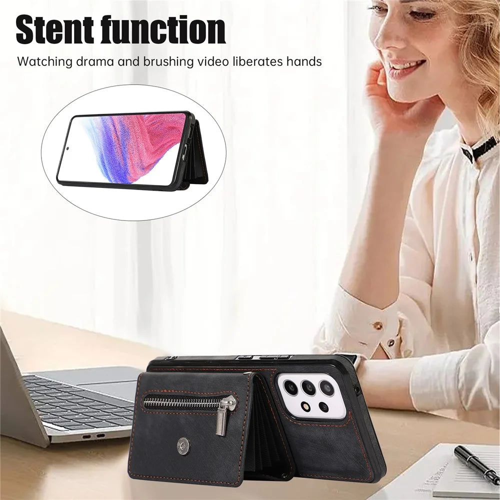 Phone Case for Samsung Galaxy A32 5G / M32 5G PU Leather+TPU Shell with RFID Blocking Card Bag and Kickstand - Black - 3