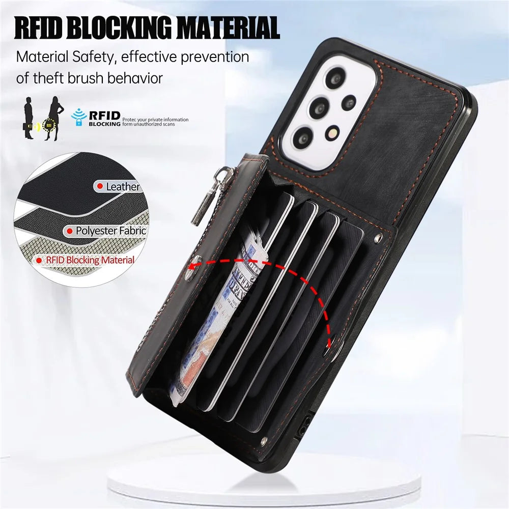 Phone Case for Samsung Galaxy A32 5G / M32 5G PU Leather+TPU Shell with RFID Blocking Card Bag and Kickstand - Black - 6
