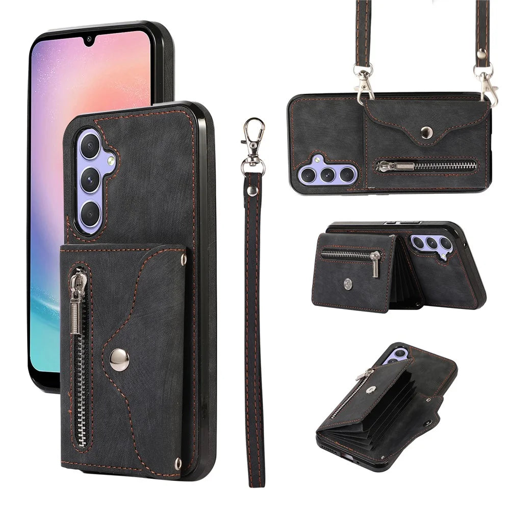 For Samsung Galaxy A24 4G (162.1 x 77.6 x 8.3mm) Wallet Design Phone Case RFID Blocking Card Bag Kickstand PU Leather+TPU Cover - Black - 1