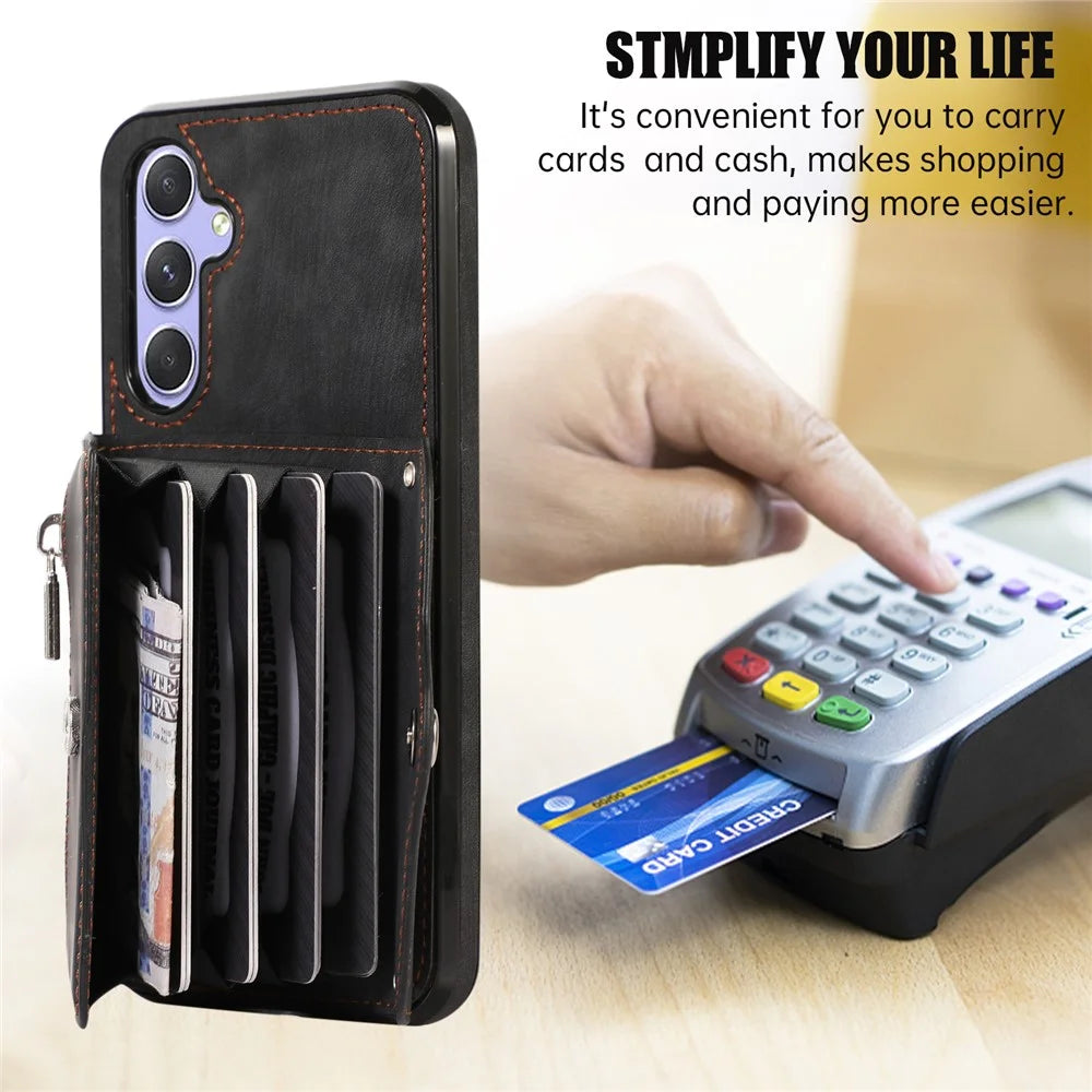 For Samsung Galaxy A24 4G (162.1 x 77.6 x 8.3mm) Wallet Design Phone Case RFID Blocking Card Bag Kickstand PU Leather+TPU Cover - Black - 6