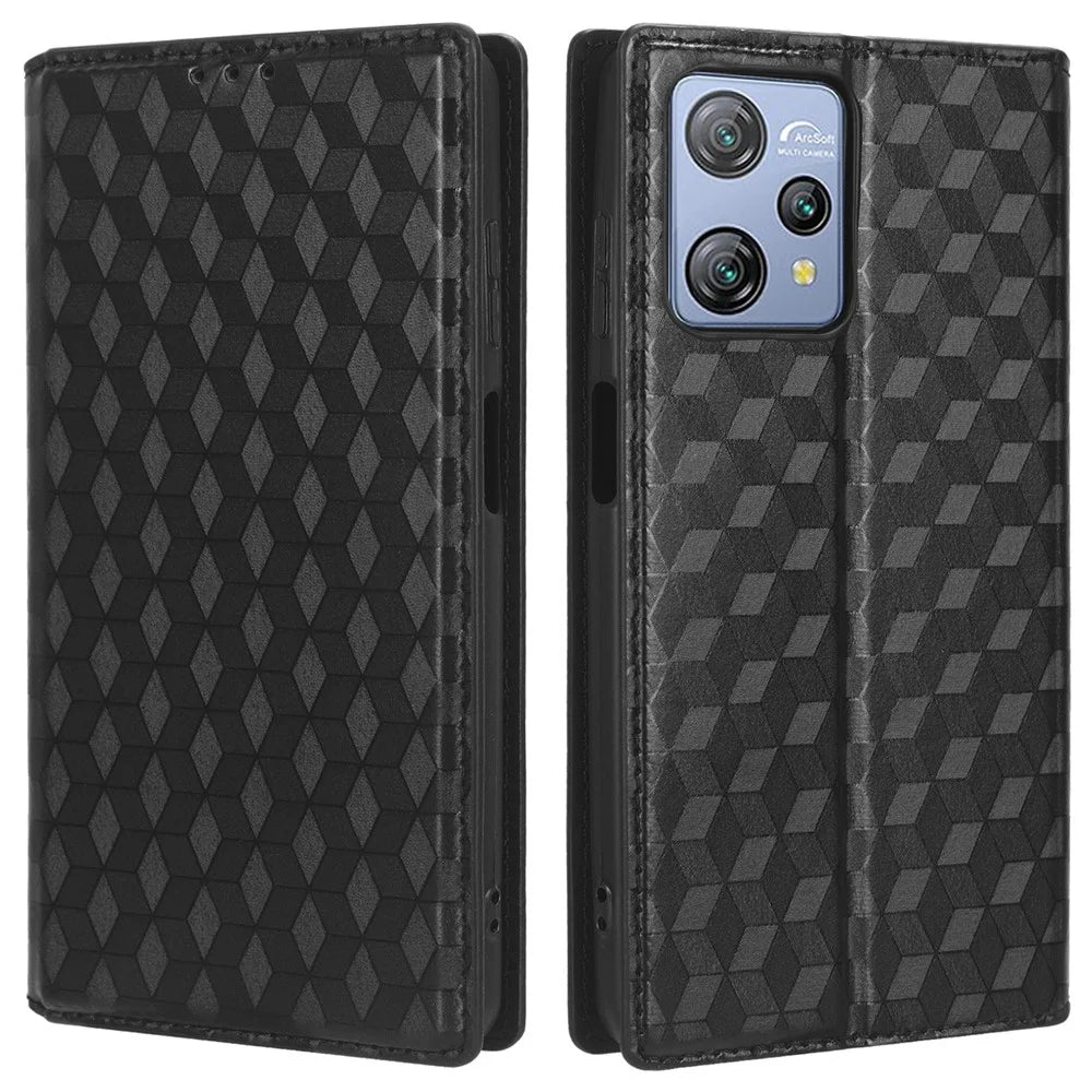 Phone Case for Blackview A53 / A53 Pro Stand Wallet PU Leather Rhombus Imprinted Anti-drop Cover - Black - 1