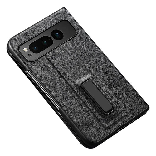 For Google Pixel Fold Metal Kickstand Folding Phone Case Leather Coated PC Phone Cover - Black - 1