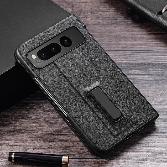 For Google Pixel Fold Metal Kickstand Folding Phone Case Leather Coated PC Phone Cover - Black - 2
