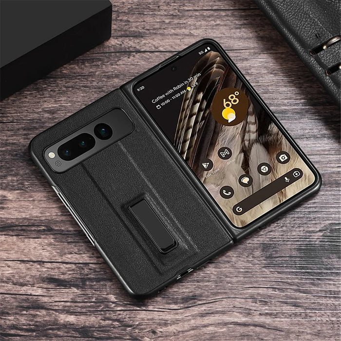 For Google Pixel Fold Metal Kickstand Folding Phone Case Leather Coated PC Phone Cover - Black - 3