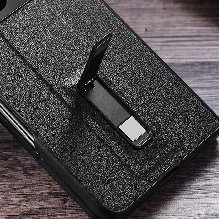 For Google Pixel Fold Metal Kickstand Folding Phone Case Leather Coated PC Phone Cover - Black - 5