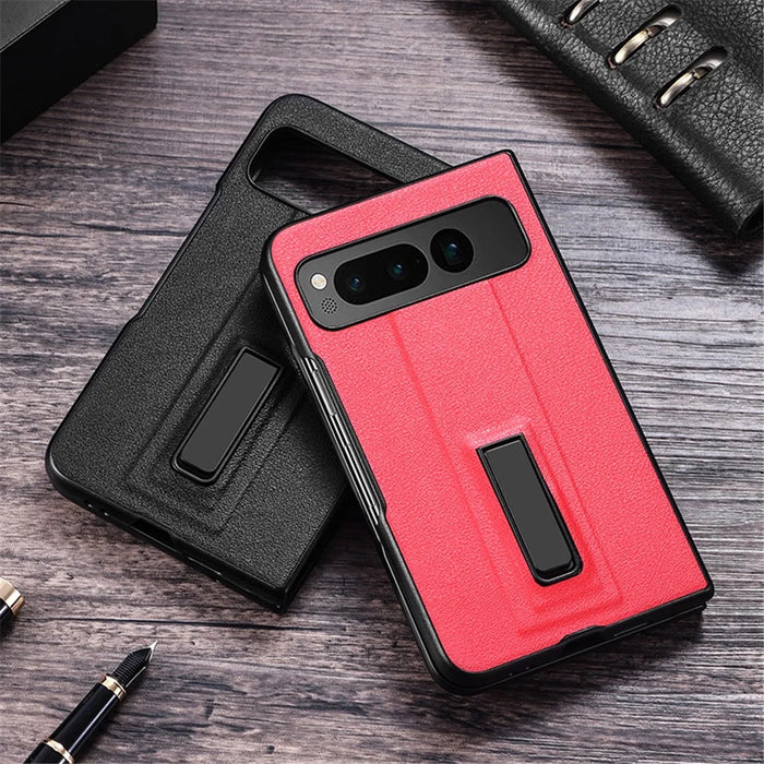 For Google Pixel Fold Metal Kickstand Folding Phone Case Leather Coated PC Phone Cover - Black - 6