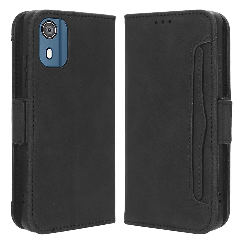 For Nokia C02 Multiple Card Slots PU Leather Phone Case Full Protection Stand Wallet Cover - Black - 1