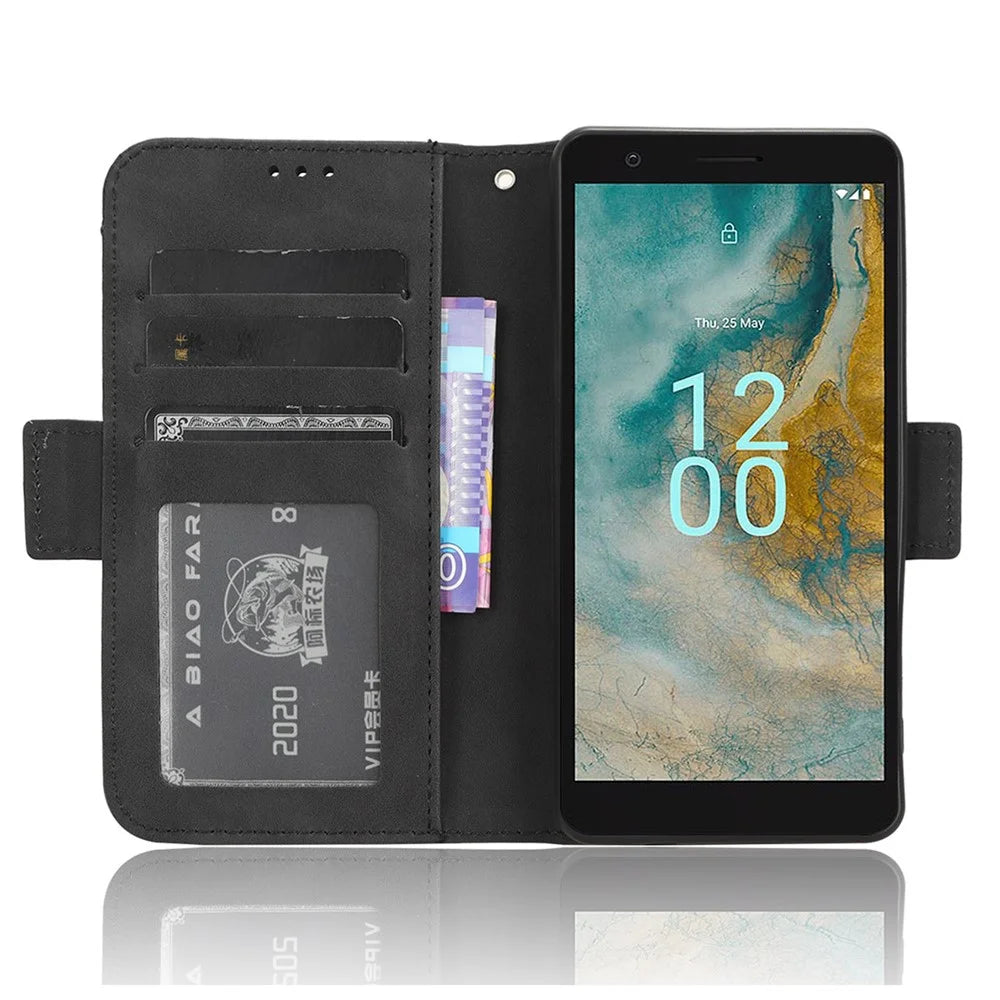 For Nokia C02 Multiple Card Slots PU Leather Phone Case Full Protection Stand Wallet Cover - Black - 3