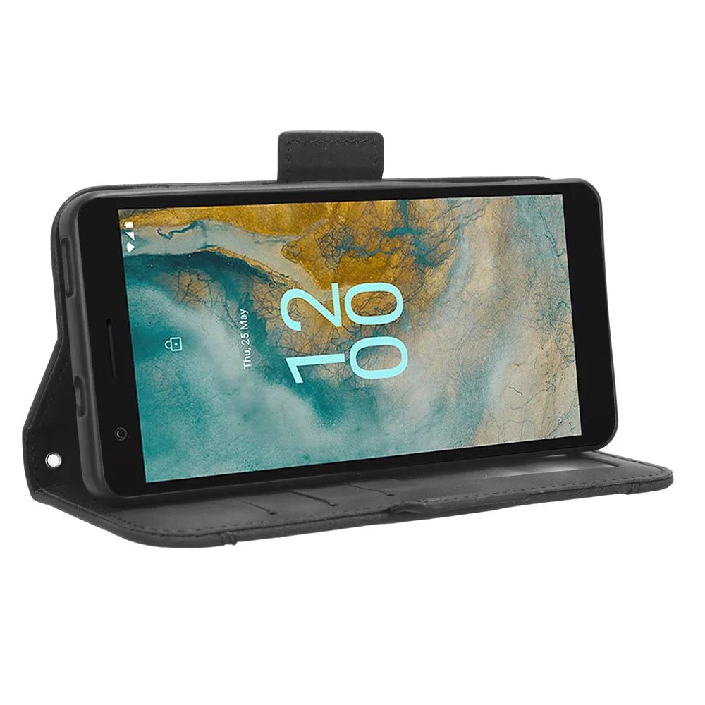 For Nokia C02 Multiple Card Slots PU Leather Phone Case Full Protection Stand Wallet Cover - Black - 4