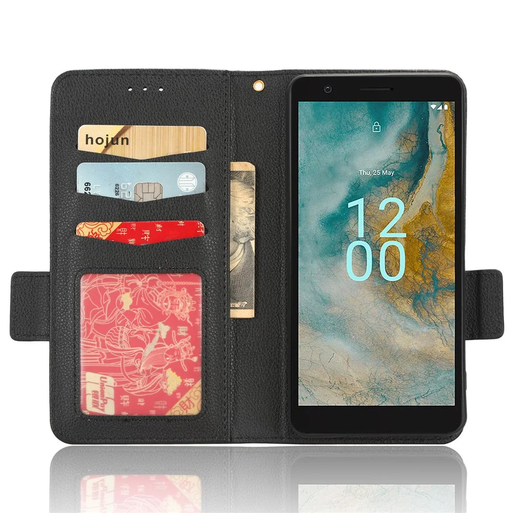 Wallet PU Leather Phone Case for Nokia C02 , Litchi Texture Stand Phone Cover - Black - 2