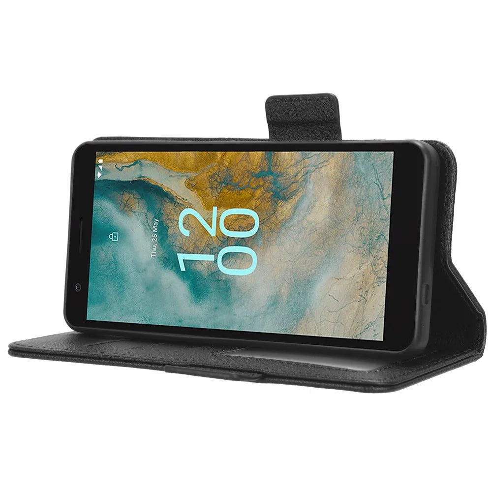 Wallet PU Leather Phone Case for Nokia C02 , Litchi Texture Stand Phone Cover - Black - 3