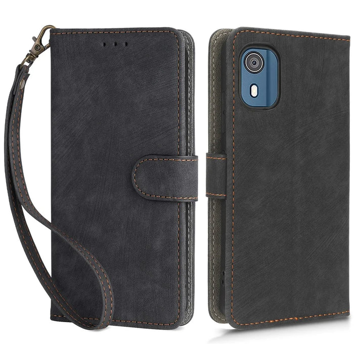 For Nokia C02 Anti-Scratch PU Leather Cover Stand Phone Case RFID Blocking Wallet with Strap - Black - 1