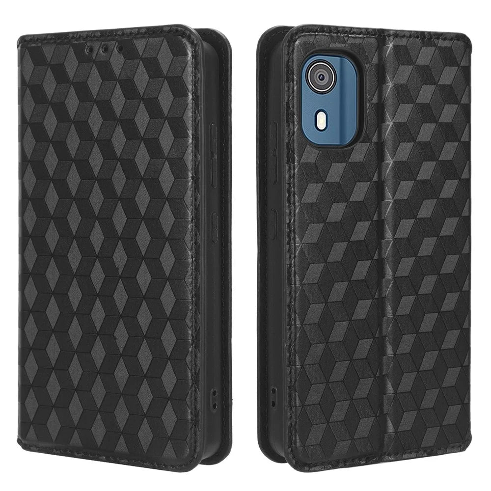 For Nokia C02 Phone Stand Shell Case Wallet PU Leather Rhombus Imprinted Anti-drop Phone Cover - Black - 1