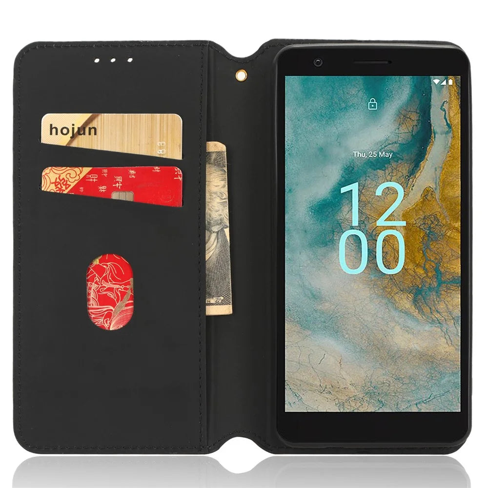 For Nokia C02 Phone Stand Shell Case Wallet PU Leather Rhombus Imprinted Anti-drop Phone Cover - Black - 2