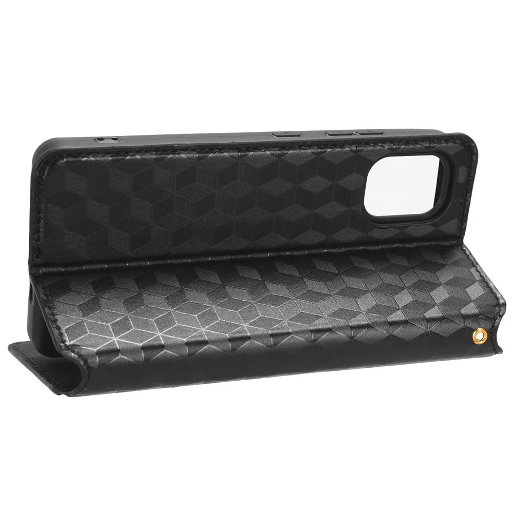For Nokia C02 Phone Stand Shell Case Wallet PU Leather Rhombus Imprinted Anti-drop Phone Cover - Black - 3