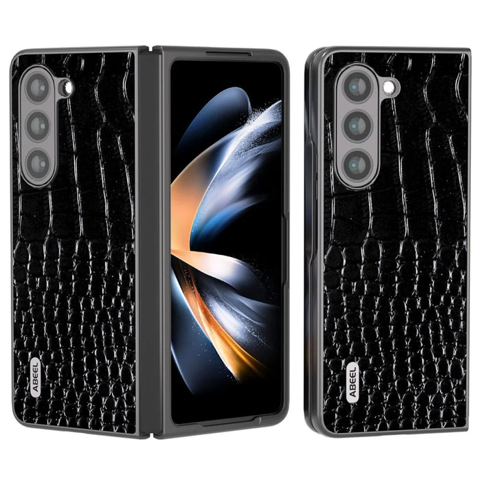 ABEEL For Samsung Galaxy Z Fold5 5G Cowhide Leather + PC Phone Case Crocodile Texture Slim Cover - Black - 1