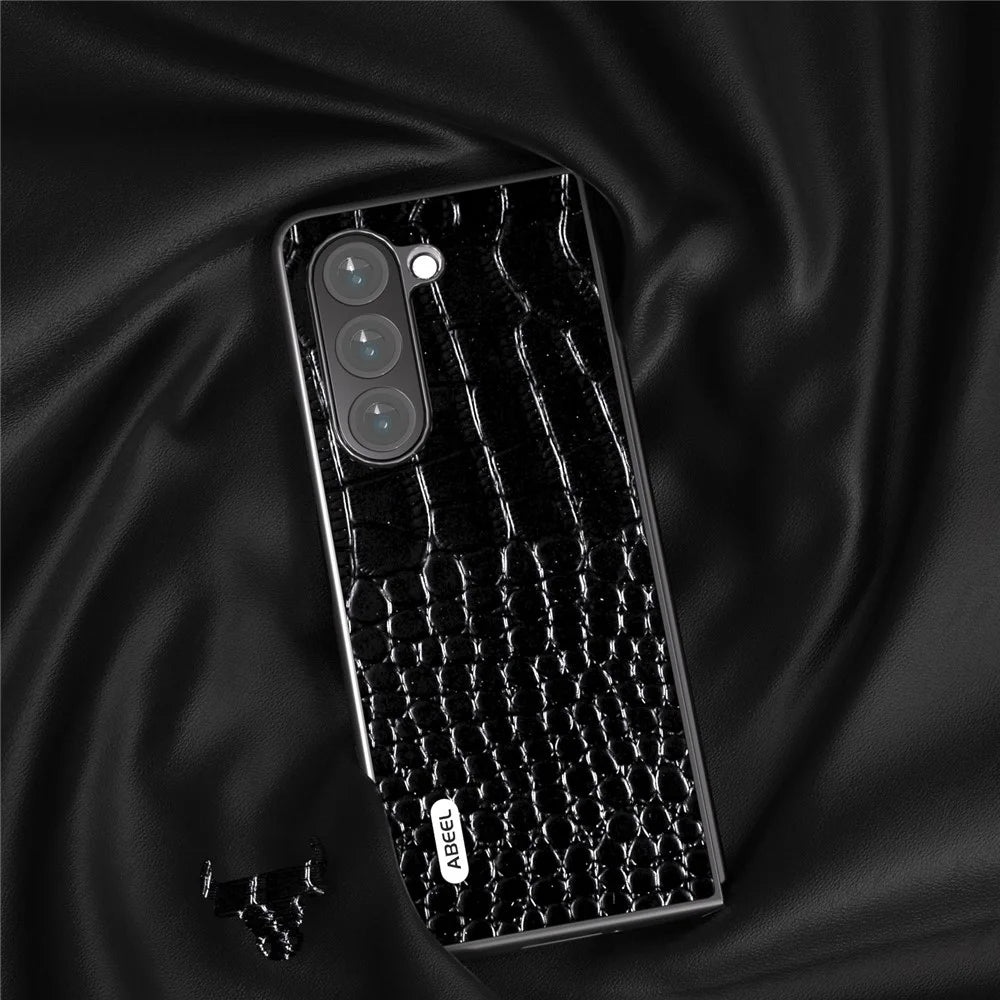 ABEEL For Samsung Galaxy Z Fold5 5G Cowhide Leather + PC Phone Case Crocodile Texture Slim Cover - Black - 3