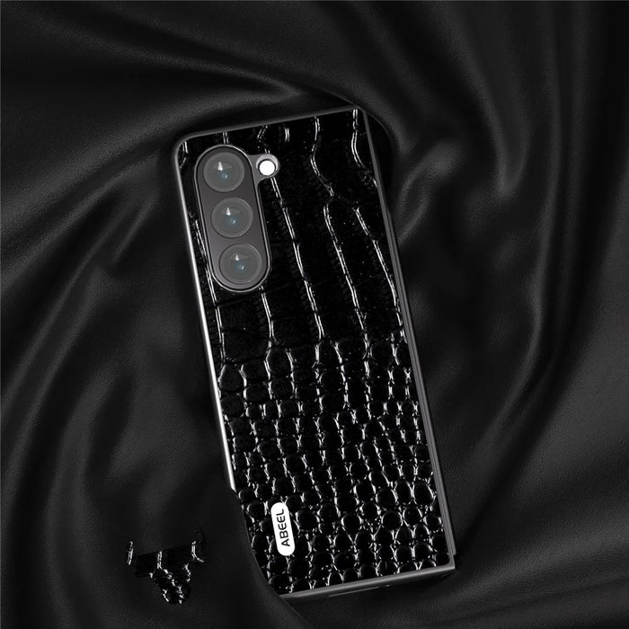 ABEEL For Samsung Galaxy Z Fold5 5G Cowhide Leather + PC Phone Case Crocodile Texture Slim Cover - Black - 3