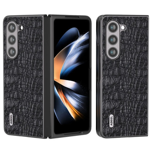 ABEEL For Samsung Galaxy Z Fold5 5G PC Phone Case Anti-Slip Genuine Cowhide Leather Coated Phone Cover - Black - 1