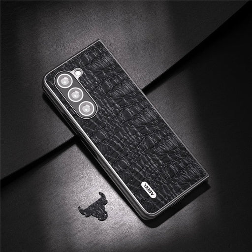 ABEEL For Samsung Galaxy Z Fold5 5G PC Phone Case Anti-Slip Genuine Cowhide Leather Coated Phone Cover - Black - 2