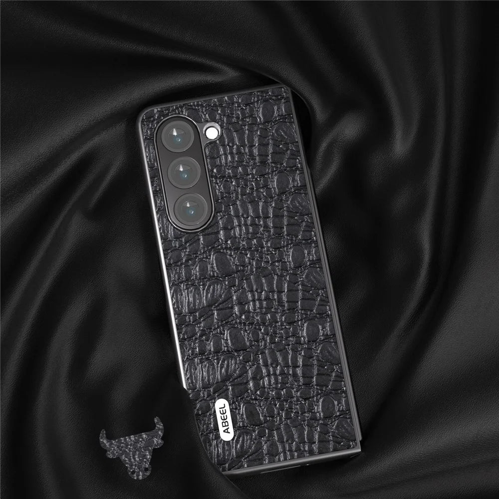 ABEEL For Samsung Galaxy Z Fold5 5G PC Phone Case Anti-Slip Genuine Cowhide Leather Coated Phone Cover - Black - 3