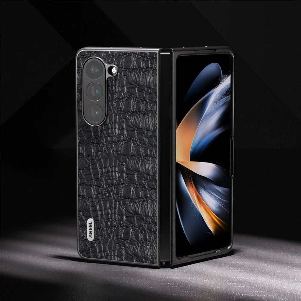 ABEEL For Samsung Galaxy Z Fold5 5G PC Phone Case Anti-Slip Genuine Cowhide Leather Coated Phone Cover - Black - 4