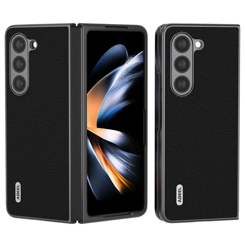 ABEEL For Samsung Galaxy Z Fold5 5G Genuine Cow Leather + Hard PC Shell Black Edge Phone Case Cover - Black - 1