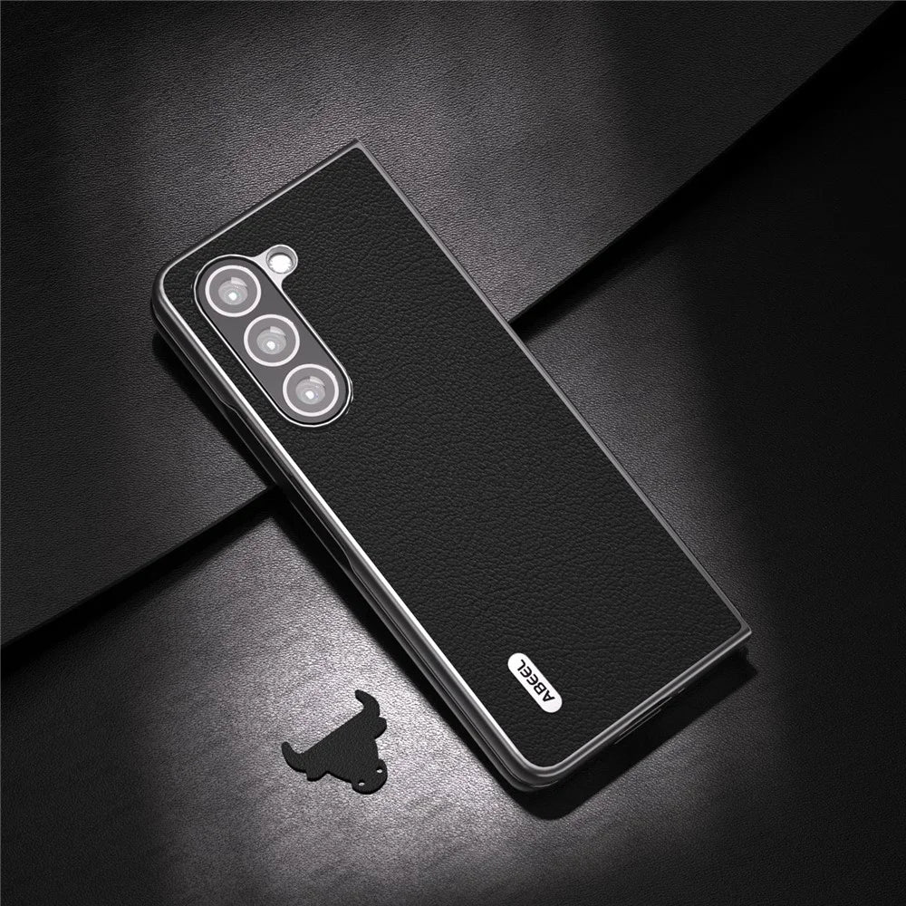 ABEEL For Samsung Galaxy Z Fold5 5G Genuine Cow Leather + Hard PC Shell Black Edge Phone Case Cover - Black - 2