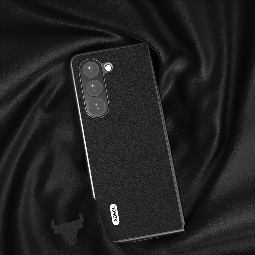 ABEEL For Samsung Galaxy Z Fold5 5G Genuine Cow Leather + Hard PC Shell Black Edge Phone Case Cover - Black - 3