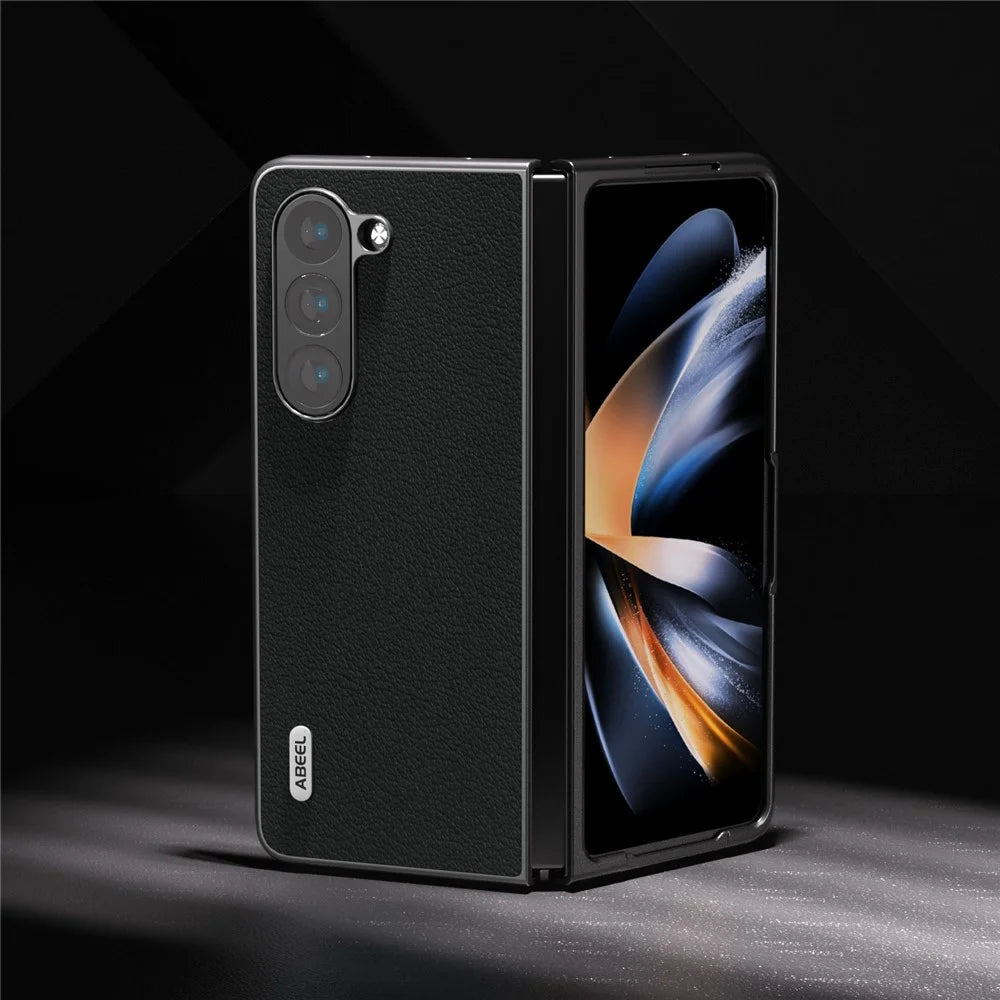 ABEEL For Samsung Galaxy Z Fold5 5G Genuine Cow Leather + Hard PC Shell Black Edge Phone Case Cover - Black - 4