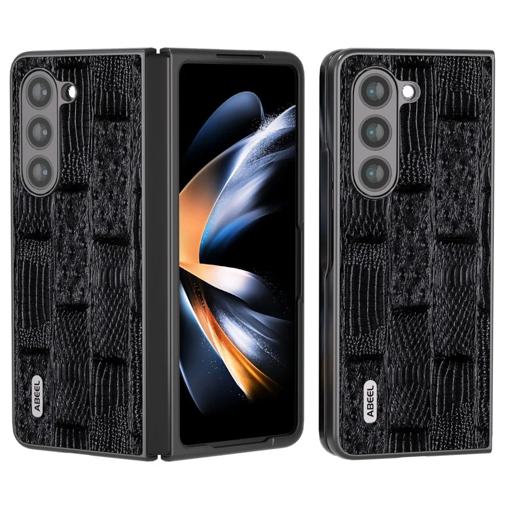 ABEEL For Samsung Galaxy Z Fold5 5G Mahjong Texture Phone Case Genuine Cow Leather Coated PC Shockproof Cover - Black - 1