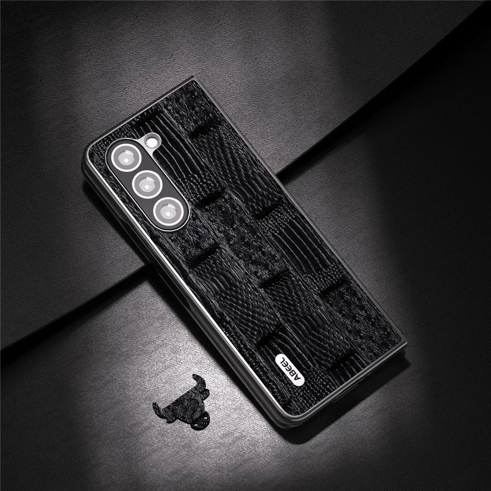 ABEEL For Samsung Galaxy Z Fold5 5G Mahjong Texture Phone Case Genuine Cow Leather Coated PC Shockproof Cover - Black - 2