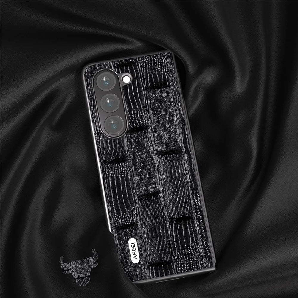 ABEEL For Samsung Galaxy Z Fold5 5G Mahjong Texture Phone Case Genuine Cow Leather Coated PC Shockproof Cover - Black - 3