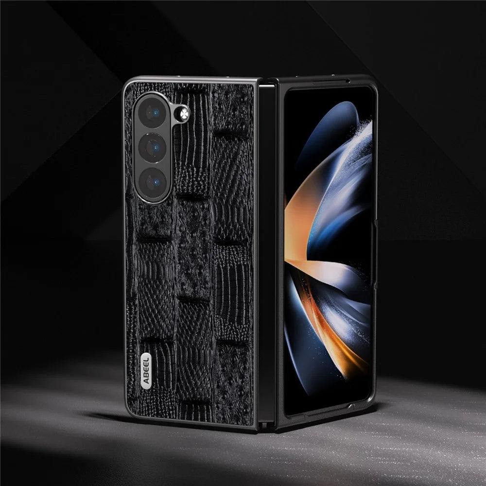 ABEEL For Samsung Galaxy Z Fold5 5G Mahjong Texture Phone Case Genuine Cow Leather Coated PC Shockproof Cover - Black - 4