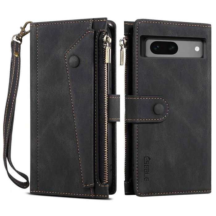 ESEBLE Star Series Phone Stand Case for Google Pixel 7a Zipper Pocket Wallet Leather Phone Cover - Black - 1