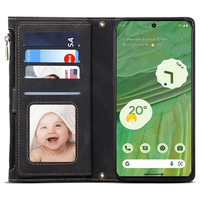 ESEBLE Star Series Phone Stand Case for Google Pixel 7a Zipper Pocket Wallet Leather Phone Cover - Black - 3