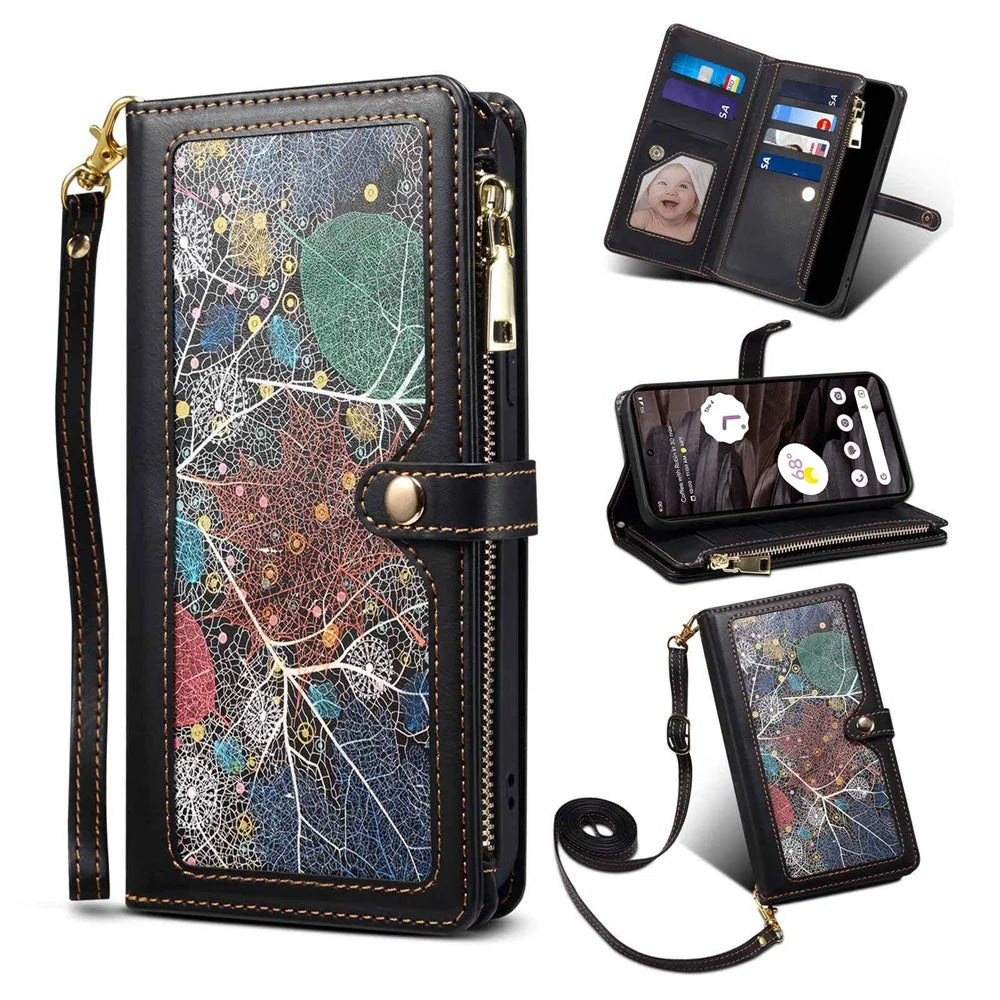 ESEBLE for Google Pixel 7a PU Leather Phone Case Zipper Pocket RFID Blocking Wallet Stand Cover - Black - 1