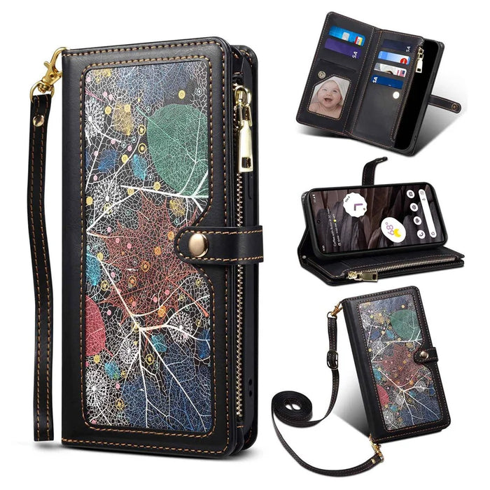 ESEBLE for Google Pixel 7a PU Leather Phone Case Zipper Pocket RFID Blocking Wallet Stand Cover - Black - 1