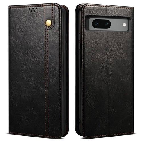 For Google Pixel 7a Waxy Crazy Horse Texture Leather Case Drop Proof Phone Cover with Stand Wallet - Black - 1