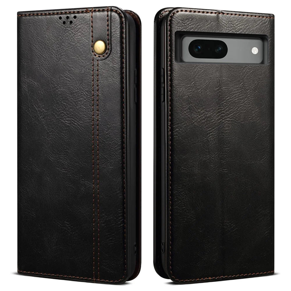 For Google Pixel 7a Waxy Crazy Horse Texture Leather Case Drop Proof Phone Cover with Stand Wallet - Black - 1