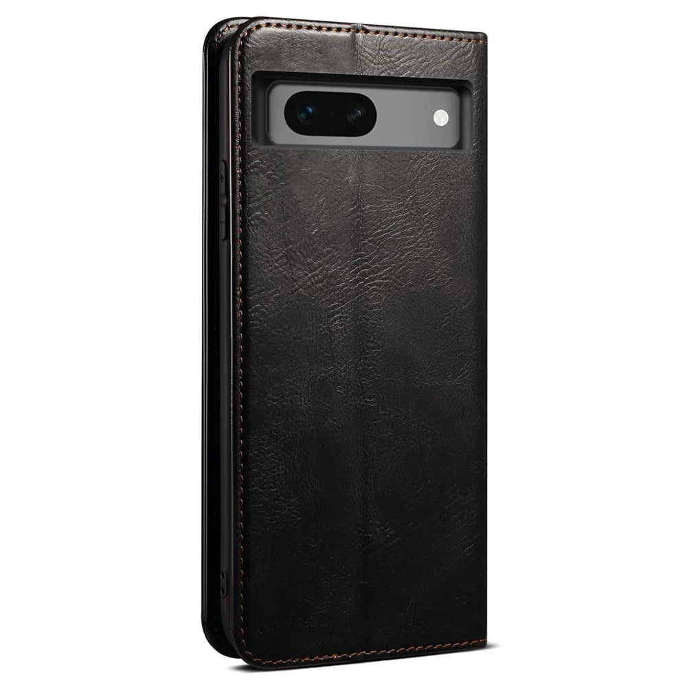 For Google Pixel 7a Waxy Crazy Horse Texture Leather Case Drop Proof Phone Cover with Stand Wallet - Black - 7