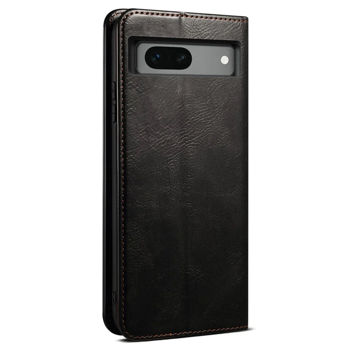 For Google Pixel 7a Waxy Crazy Horse Texture Leather Case Drop Proof Phone Cover with Stand Wallet - Black - 7