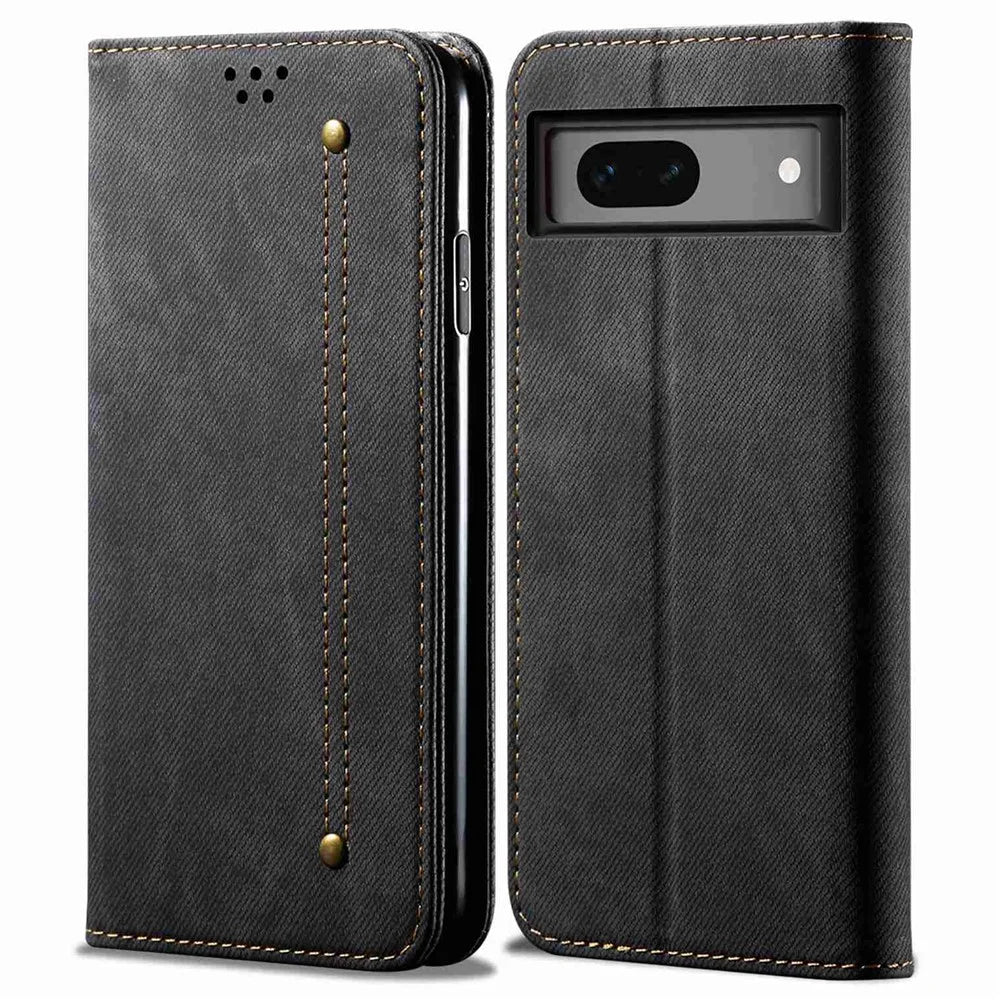 For Google Pixel 7a PU Leather Case Stand Wallet Anti-scratch Jeans Cloth Texture Phone Cover - Black - 1