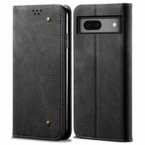 For Google Pixel 7a PU Leather Case Stand Wallet Anti-scratch Jeans Cloth Texture Phone Cover - Black - 1