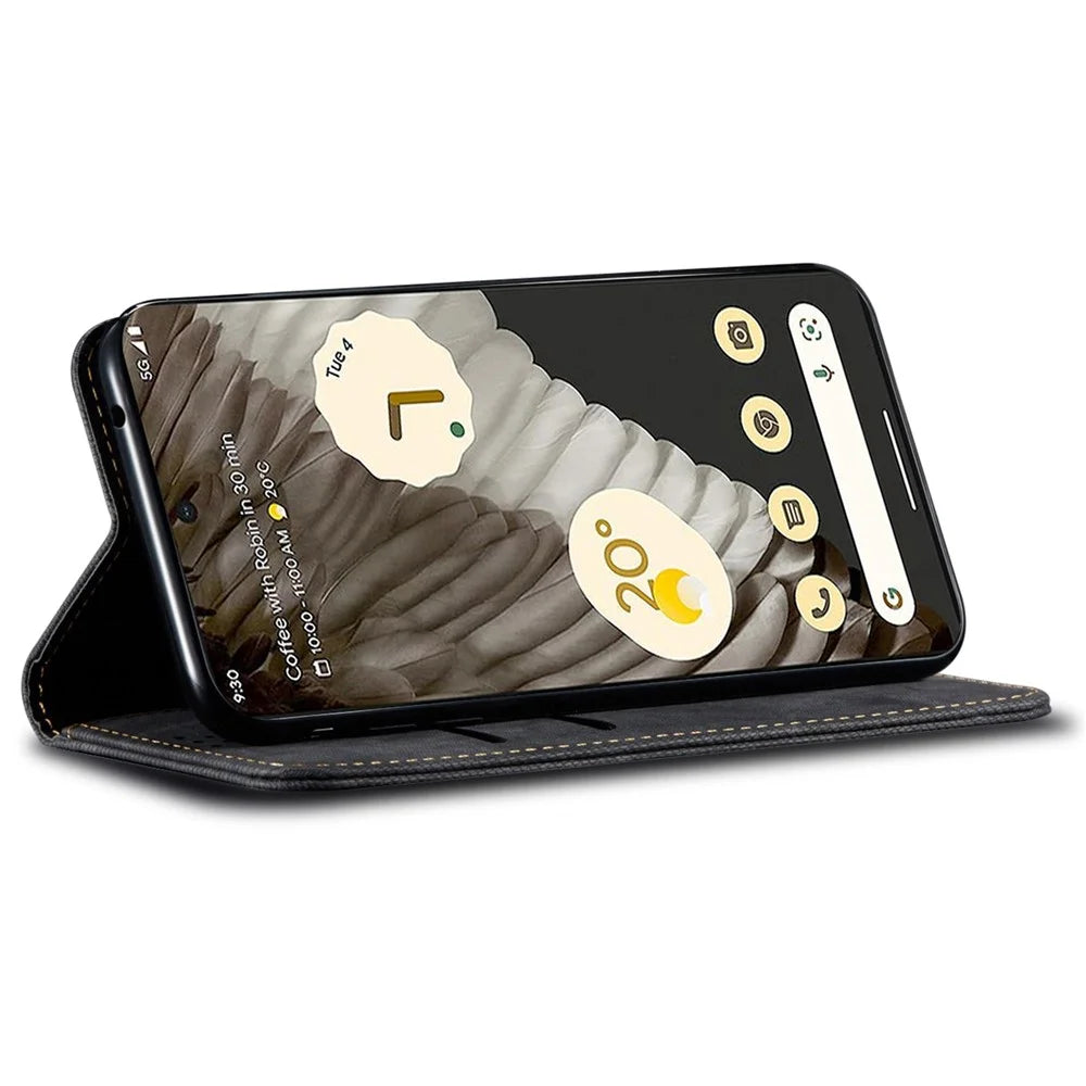 For Google Pixel 7a PU Leather Case Stand Wallet Anti-scratch Jeans Cloth Texture Phone Cover - Black - 3