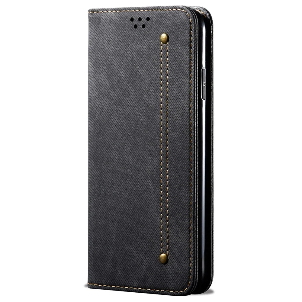 For Google Pixel 7a PU Leather Case Stand Wallet Anti-scratch Jeans Cloth Texture Phone Cover - Black - 5