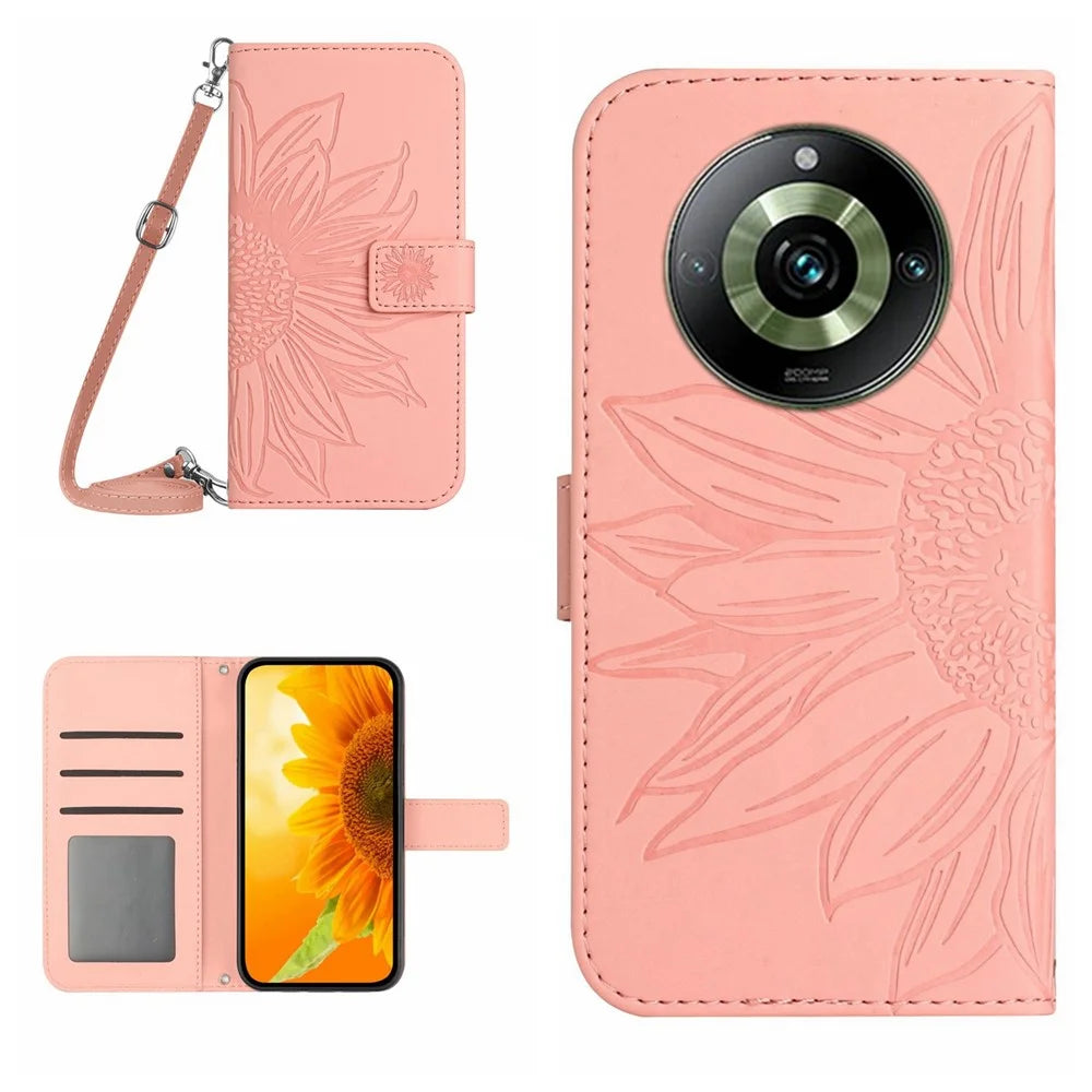HT04 For Realme 11 Pro 5G / 11 Pro+ 5G Phone Case Sunflower Pattern Leather Wallet Stand Shell with Shoulder Strap - Light Pink - 1