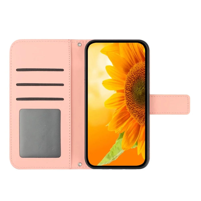 HT04 For Realme 11 Pro 5G / 11 Pro+ 5G Phone Case Sunflower Pattern Leather Wallet Stand Shell with Shoulder Strap - Light Pink - 2